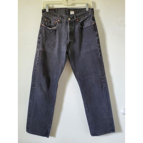 Vintage Levis 501 Mens 32x32 Black Button Fly Straight Leg Faded Frayed Classic - Picture 10 of 14